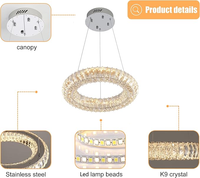 Modern Crystal Chandelier Dimmable LED 15.7" Ring Pendant Light Adjustable Round Chrome Crystal Chandelier Light Fixtures for Dining Room Living Room
