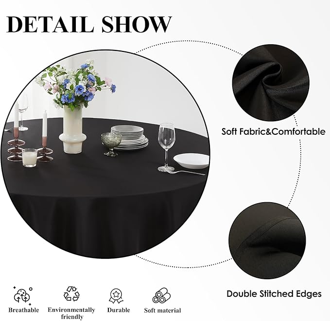 Round Tablecloth 132 Inch 6 Pack Black Tablecloths Washable Decorative Linen Polyester Table Clothes Cover for Dining Table Banquets Buffet Parties and Wedding