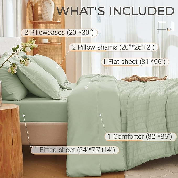 MUXHOMO 7 Pieces Full Comforter Set, Seersucker Bed in a Bag Full Size, All Season Luxury Bedding Set with Comforter, Flat Sheet, Fitted Sheet, Pillowcases & Shams, Light Green