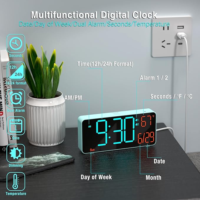 KOSUMOSU Alarm Clock for Bedroom, 6.7in Small Digital Clock, Auto Dimming, Room Temperature, Day of The Week, Date, Alarm Clocks for Living Room, Desk Clocks