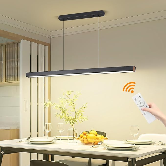 Linear Pendant Light Fixtures, 20W LED Island Lights with Remote, 39" Modern Pendant Light for Kitchen Island Dining Room Billiard Room Office Bar, 3000k-6000k Dimmable, Black