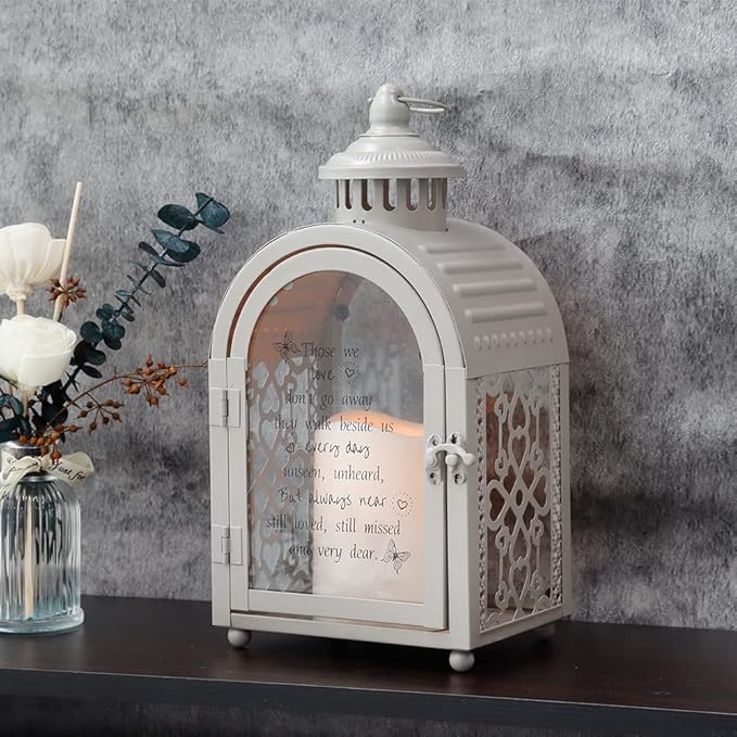 TRIROCKS Memorial Lantern 11'' High Walk Beside Us Remembrance Lantern With Automatic Timer LED Candle And Love Pattern Bereavement Sympathy Gifts For Funeral Memorial Service Loss of Loved One (Grey)