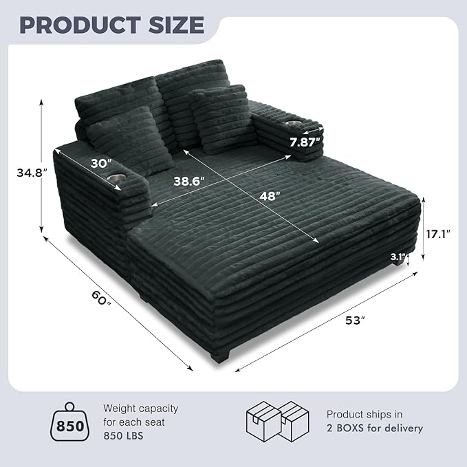 HUSFU 60'' Oversized Chaise Lounge Chair, Upholstered Sofa Bed, Sleeper Couch Reading Chairs with USB Port and Cup Holders,Comfy Cloud Sofas Couches for Living Room,Grey Blue