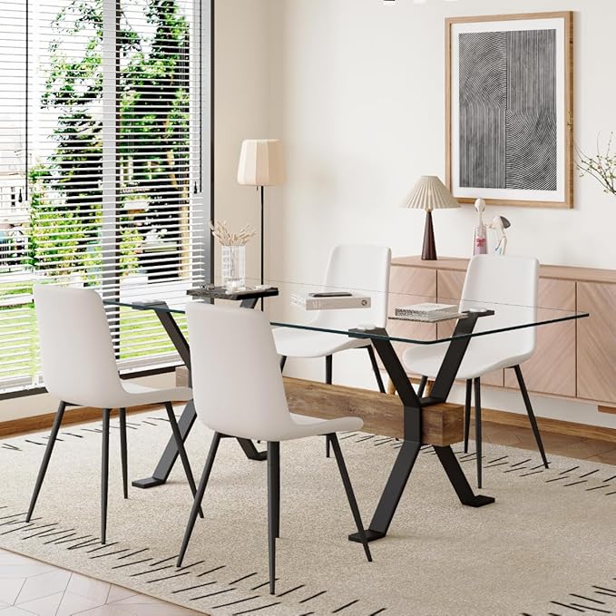 5 Piece Glass Dining Table Set, Kitchen Table Chairs Set for 4, 71'' Dining Table with 0.4" Tempered Glass Tabletop with Plated Metal Legs and MDF Crossbar, 4 PU Chairs for Dining Room, Kitchen.