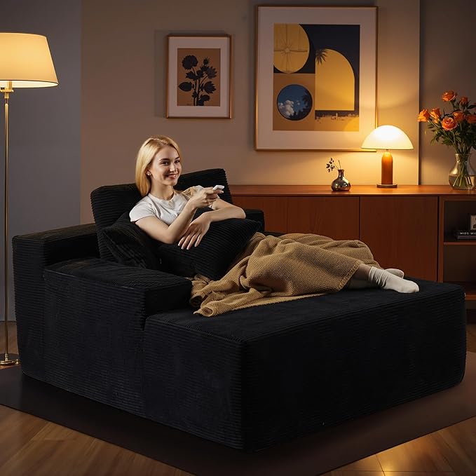 Chaise Lounge Chair Indoor, 67" Oversized Comfy Corduroy Sleeper Sofa Bed, Boneless Upholstered Recliner Bed with Pillows and Wide Armrests, Modern Cloud Couch for Living Room, Black