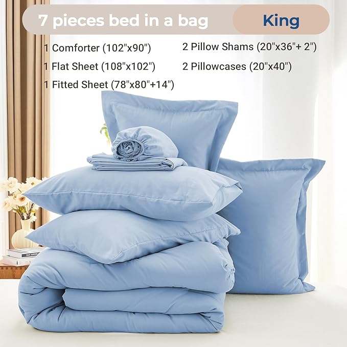 MUXHOMO 7 Pieces King Comforter Set, Soft Bed in a Bag King Size, All Season Bedding Set with Comforter, Flat Sheet, Fitted Sheet, Pillowcases & Shams, Greyish Blue
