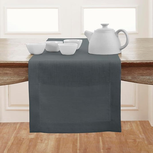 Solino Home Linen Hemstitch Table Runner 60 Inches - 100% Pure Linen Dark Grey Table Runner 14 x 60 Inch Ideal for Dresser and Coffee Tables - Classic Hemstitch - Thanksgiving