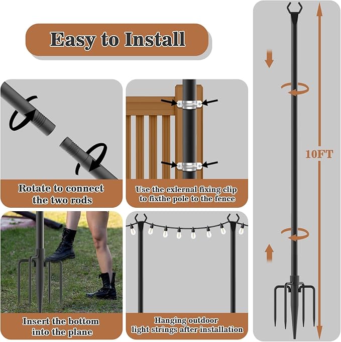 4 Pack String Light Poles,Metal Poles for Hanging Outdoor Light Strings,7 Pack 10 FT Light Poles Stand for Outside Garden,Patio,Wedding,Backyard,Deck,Party