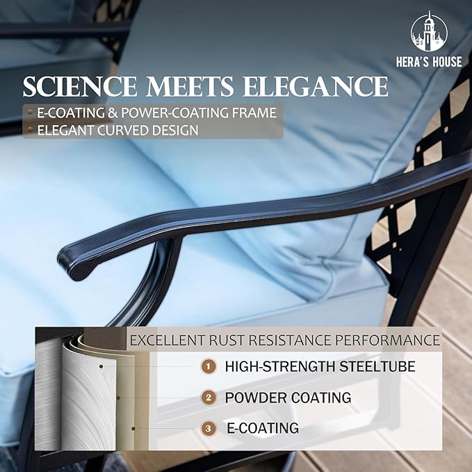 HERA'S HOUSE 6 Piece Patio Furniture Set, 2 x Swivel Chair, 2 x Fixed Chair, 1 x 3-Seat Sofa with Marbling Coffee Table, All Weather Outdoor Conversation Set for Lawn Garden Backyard, Blue