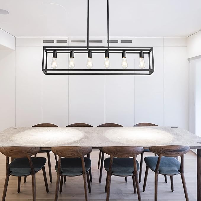 Black Farmhouse Kitchen Island Lighting, Modern Industrial Chandelier, 6-Light Linear Rectangular Pendant Light Fixtures for Farmhouse Kitchen Dining Room Bar Foyer(Metal, Height Adjustable)