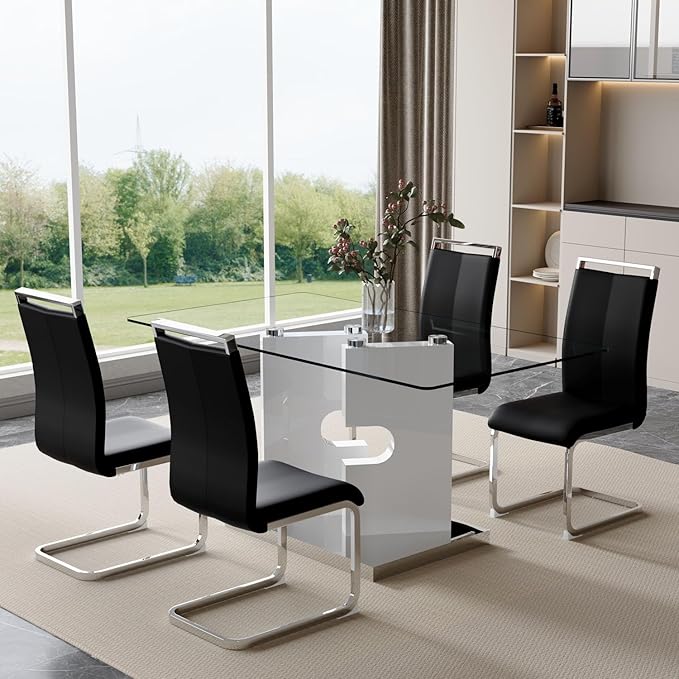 Glass Dining Table Set of 4, 63" Dinner Room Glass Table Set for 4, Modern Kitchen Dinner Table Set with 4 Upholstered Faux Leather Dining Chairs for Living Dining Office Room