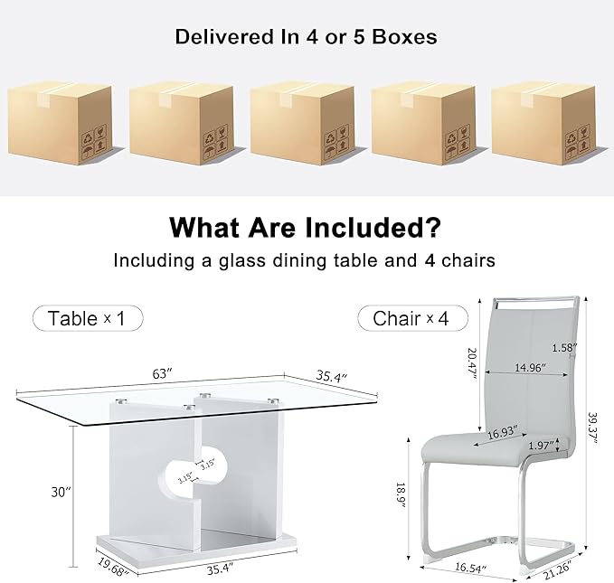Glass Dining Table Set of 4, 63" Dinner Room Glass Table Set for 4, Modern Kitchen Dinner Table Set with 4 Upholstered Faux Leather Dining Chairs for Living Dining Office Room