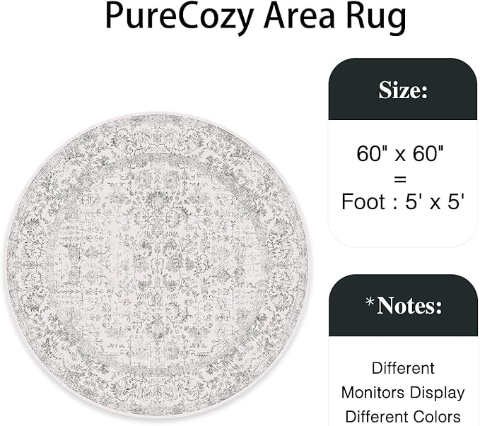 Grey Round Area Rug 5ft Entryway Door Mat Small Circle 5x5 Kitchen Vintage Carpet Non Slip Indoor Bedroom Washable Distressed Floral Retro Accent Throw Rug Office Bathroom