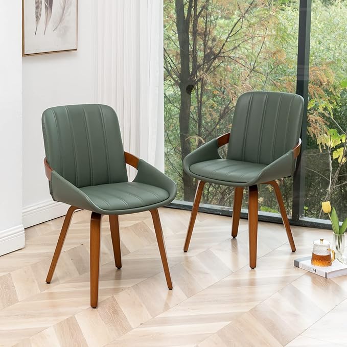 Mid Century Modern Faux Leather Upholstered Dining Chairs,Armless Accent Chairs with Sturdy Natural Wood Legs,Bamboo Backrest Support for Kitchen&Dining Room Chairs(Set of 4,Green)