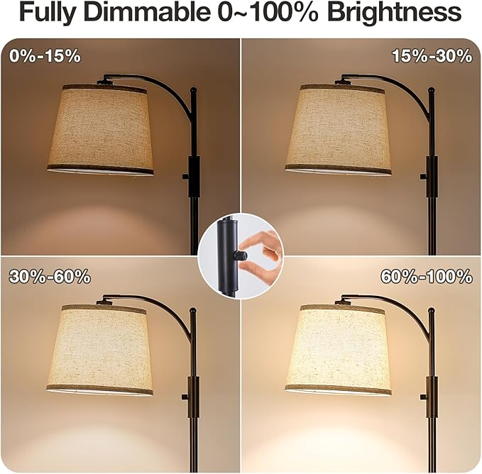 AIDENOEY Fully Dimmable Floor Lamp for Living Room，Standing Lamp Rotary Switch with Linen Beige Shade，Brown Tall Lamps for Bedroom with Adjust Head，9W LED Bulb Included