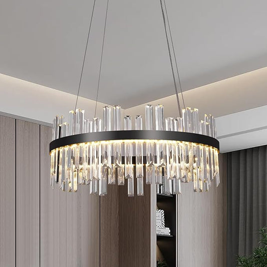 Black Led Modern Crystal Chandelier: 23.6" Round K9 Luxury Clear Crystals 3 Color Dimmable Contemporary Chandeliers for Dining Room Lights over Table - Adjustable Height Living Room Light with Remote