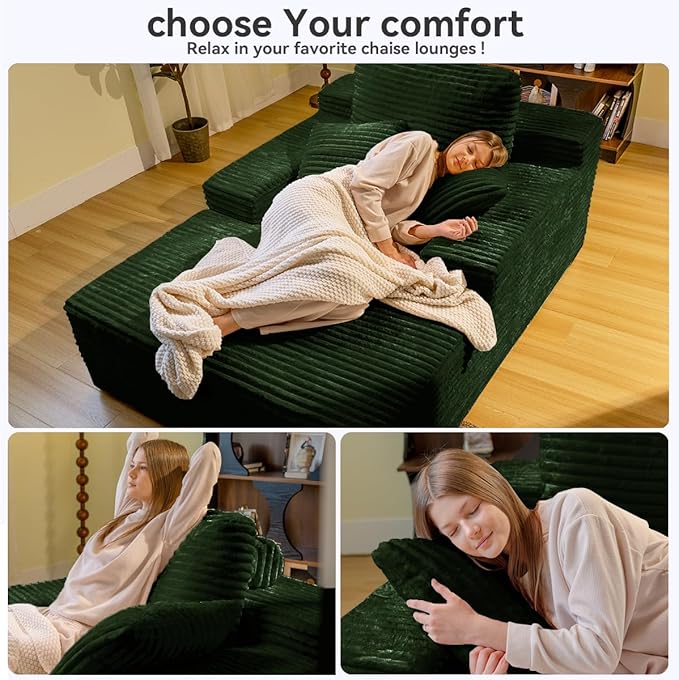 67" Oversized Chaise Lounge Chair Indoor, Cloud Couches for Living Room, Corduroy Sleeper Sofa Bed, No Assembly Required, Deep Seat Lounge Chair with Pillows Green