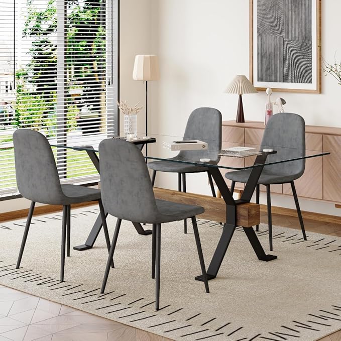 5 Piece Glass Dining Table Set, Kitchen Table Chairs Set for 4, 71'' Dining Table with 0.4" Tempered Glass Tabletop with Plated Metal Legs and MDF Crossbar, 4 Chairs for Dining Room, Kitchen.