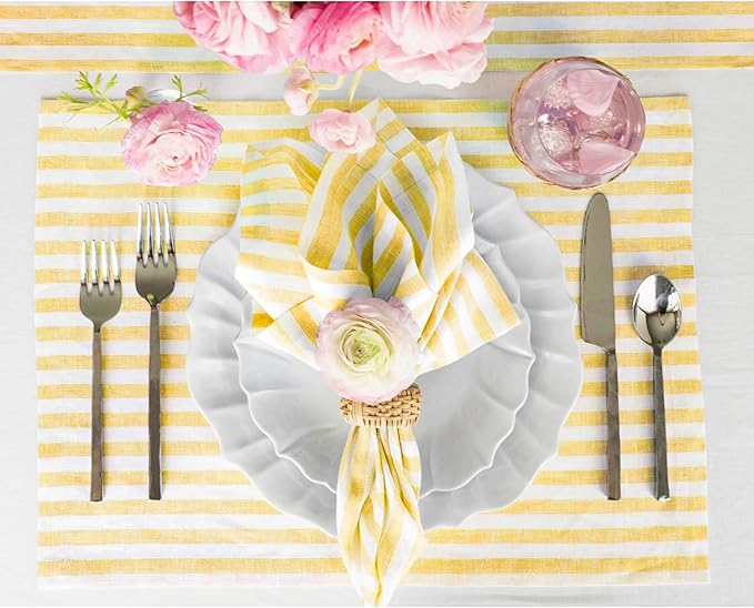 Solino Home Linen Napkins Set of 4-100% Pure Linen Amalfi Stripe Primrose Yellow and White Cloth Dinner Napkins 20 x 20 Inch - Handcrafted and Machine Washable