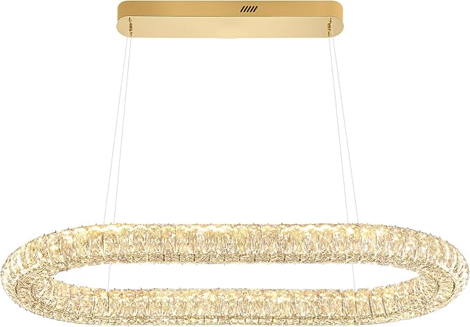 Oval Crystal Chandelier, 40'' Gold Crystal Ring Pendant Light for Kitchen Island Modern Linear Oval Chandeliers for Dining Room Dimmable 3000K-6000K