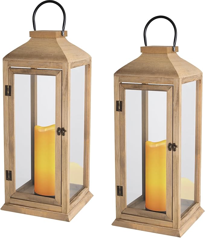Bdor 2 Pack Large 22.5 Inch Decorative Lanterns with Flameless Pillar Candles, IP65 Waterproof Black Metal Lanterns for Home Decor, Indoor Outdoor, Front Porch, Garden, Farmhouse, Wedding Use