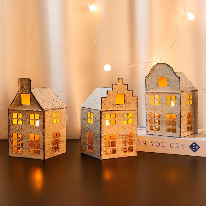 TRIROCKS Set of 3 Vintage Decorative Candle Lantern 6”H Candle Lantern Small House Metal Candle Holder Perfect for Garden Yard Patio Wedding Parties Events Indoors