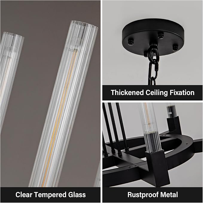 Black 6-Lights Wagon Wheel Chandelier with Glass Tube, 35''Farmhouse Chandeliers Round Luxurious Large Chandelier Fixture Ceiling Pendant Lighting for Dining Living Room, Foyer