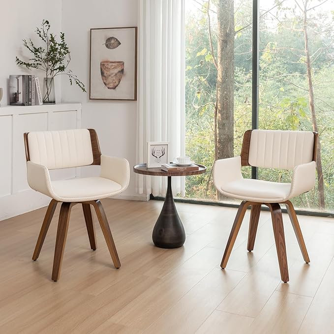 LUNLING Swivel Accent Faux Leather Dining Chairs Set of 2, Mid Century Modern Chairs with Wooden Legs/Armrest/Upholstered Seat/Adjustable Foots for Kitchen Dining Room Desk Chairs,Beige