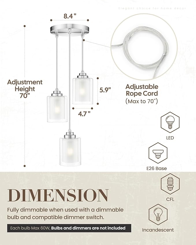 TENGXIN 3 Light Pendant Lights, Kitchen Island, Bedroom Modern Farmhouse Pendant with Dual Glass Shade, Brushed Nickel