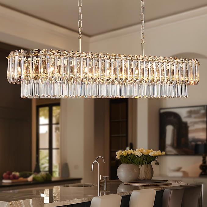 L50in Gold Crystal Chandeliers 20-Light Modern Chandeliers for Dining Room Large Rectangle Luxury Pendant Light Fixture for Kitchen Island,Entryway,Living Room