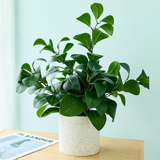 AlphaAcc Fake Plants Greenery Ficus Leaf Artificial Plant Indoor Bathroom Potted Faux Plant Decor with White Marble Planter for Kitchen Counter Bedroom Office Coffee Table Decoration