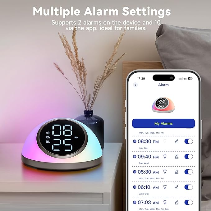 Alarm Clocks Bedrooms Sleep Sounds, Digital Dual Alarm Clock Bedroom, Bedside Alarm Clock Adjustable Brightness Button/App Control Night Light White Noises 12/24H Up to 10 Alarms, Silver