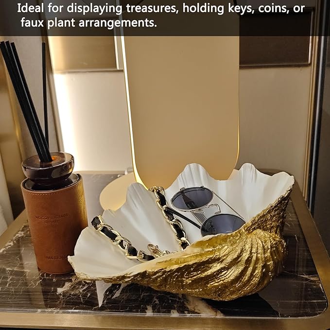 Medium Pearl White Gold Scalloped Clam Shell Bowl Sea Shell Decor for Nautical Beach House,Coastal Decor Gift of Housewarming and Wedding Party