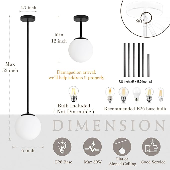 6 Inch Globe Pendant Light Black Mid Century Modern Globe Light Fixture Mid Century Milk Glass Pendant Lamp Matte Black Finished with Milk Glass Lampshade for Kitchen Island