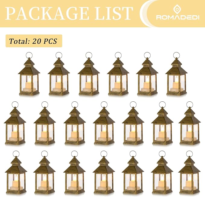Romadedi Mini Lanterns Decorative for Wedding Centerpiece - 20 PCS Hanging Small Gold Lantern Bulk with Flickering LED Candles for Halloween Decorations Christmas Table Decor, Batteries Included