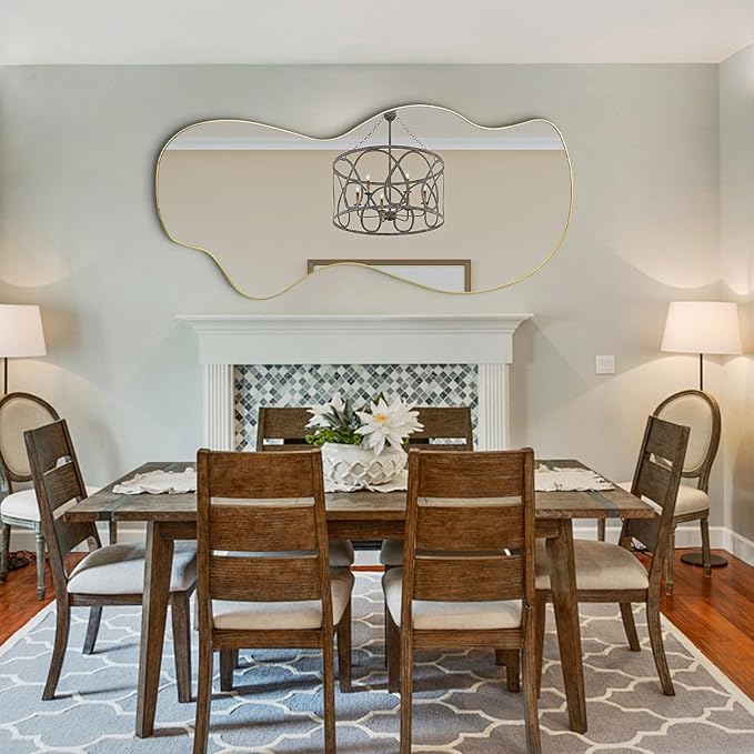 POZINO Large Irregular Mirror, Asymmetrical Full Length Mirror, 55"x25.5" Gold Wavy Shaped Mirrors, Modern Frameless Decorative Mirrors for Dressing Living Room Bathroom Bedroom Hallway Entryway