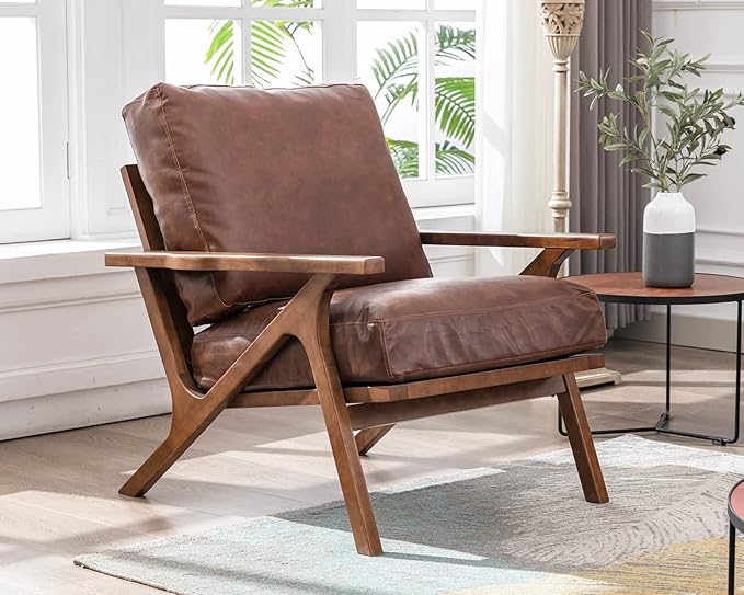 HNY Mid Century Arm Chair, Retro Accent Armchair with Wood Frames & Faux Leather Upholstered Removable Cushions, Leisure Reading Chair Slipper Chair for Living Room Bedroom, Brown