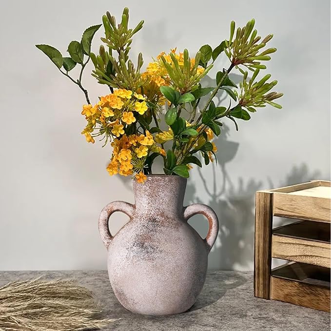 Ceramic Flower Vase,7.3 inch Tall Farmhouse Rustic Vase, Handcrafted Weathered Pottery Vases, Small Flower Terracotta Vases for Home Decor, Living Room Farmhouse Table Shelf Entrance (Terracotta)