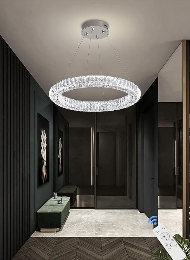 Modern Crystal Chandelier Dimmable LED 23.6" Ring Pendant Light Adjustable Round Chrome Crystal Chandelier Light Fixtures for Dining Room Living Room