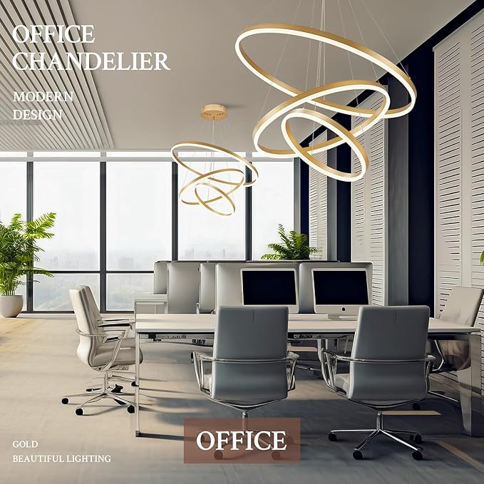 3-Rings Modern LED Chandelier Gold, Dimmable Pendant Lighting with Remote Control Circular Flush Mount High Ceiling Light for Living Room Dining Room Foyer, 3000K-6500K D31.5’’