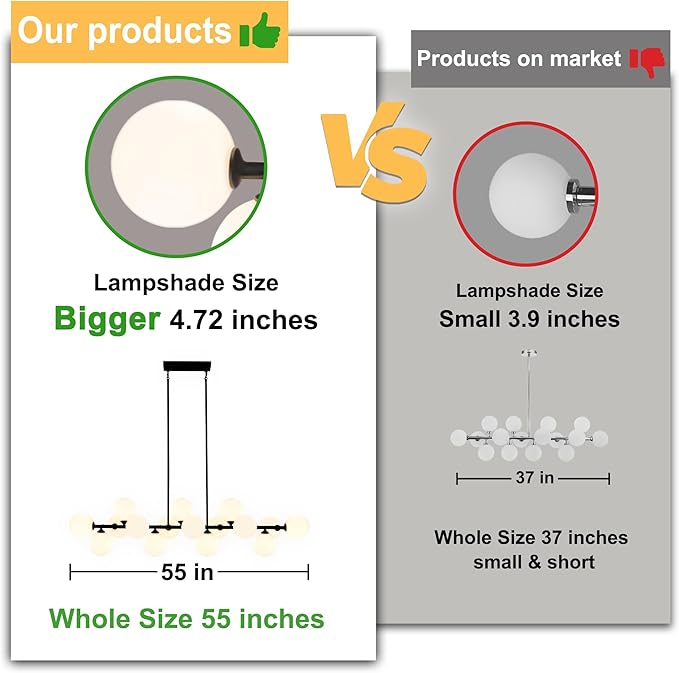 Linear Chandeliers for Dining Room, 55in Large Modern Globe Chandelier 16-Light Large Pendant Lights Kitchen Island Lighting with Milk White Glass Sputnik Chandelier Bubble Sputnik Light Fixture