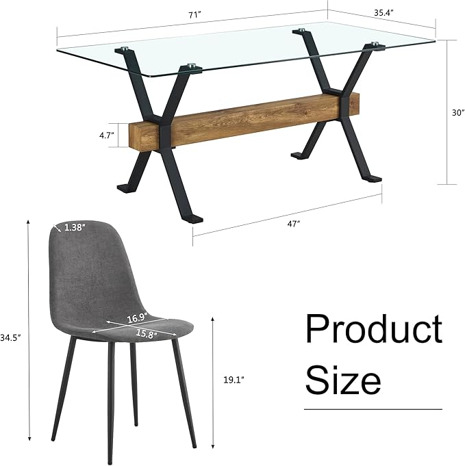 5 Piece Glass Dining Table Set, Kitchen Table Chairs Set for 4, 71'' Dining Table with 0.4" Tempered Glass Tabletop with Plated Metal Legs and MDF Crossbar, 4 Chairs for Dining Room, Kitchen.