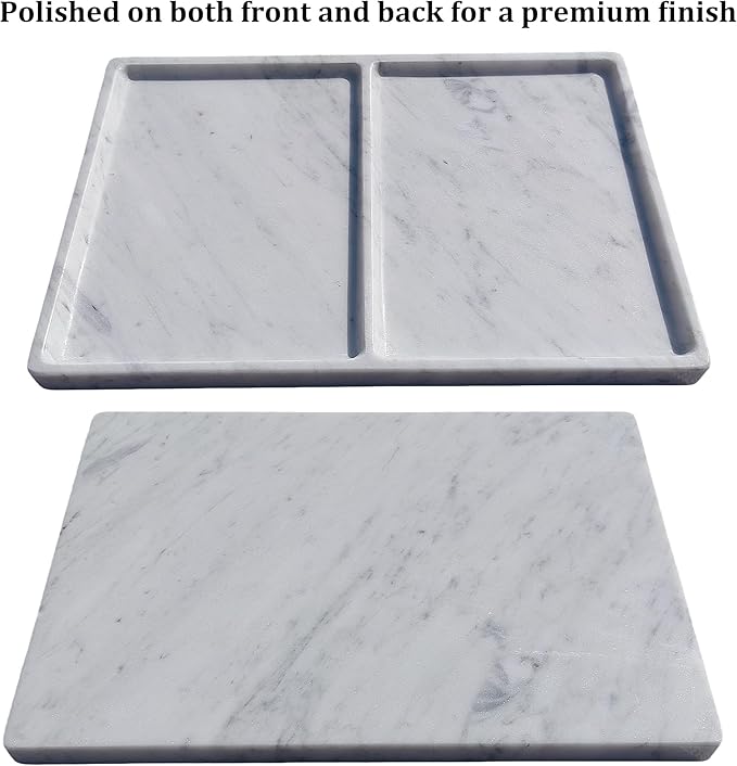 11.81"x7.87" Marble Decorative Tray with Dual Compartments – Catchall Organizer for Jewelry, Cosmetics, Soap – Polished Stone Dresser Vanity Tray for Bathroom, Entryway, Office – Calacatta White