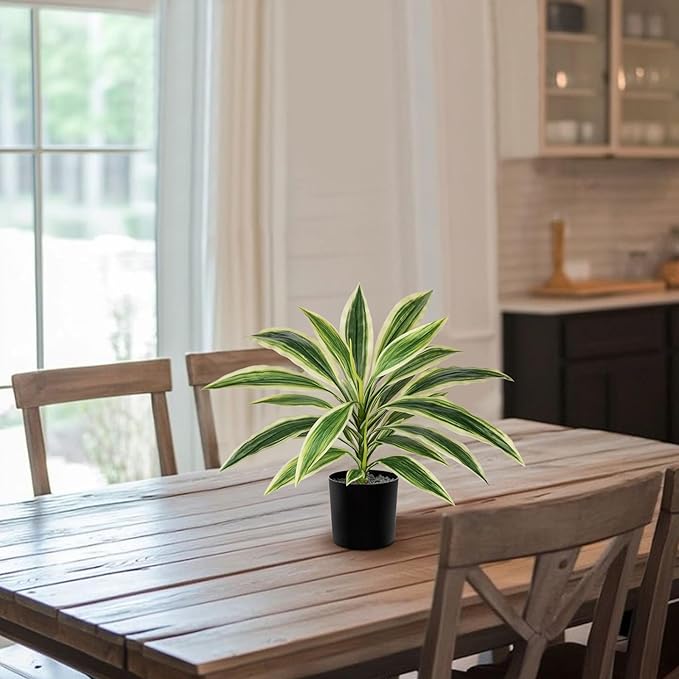 Artificial Plants Indoor with Pot, 18" Fake Potted Plants Medium Artificial Dracaena Plant in Black Pot Faux Tropical Plants for Bathroom Living Room Office Desk Shelf Decor