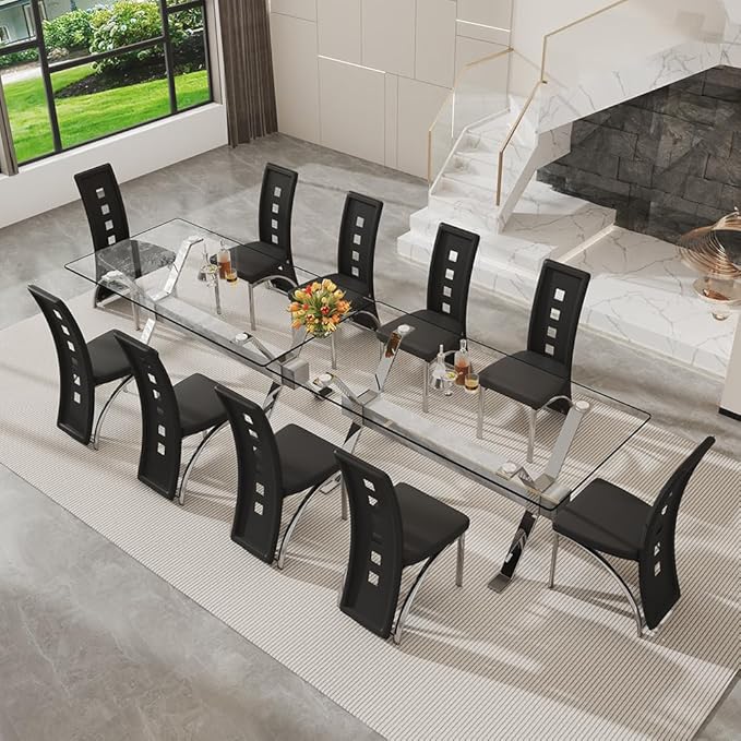 71'' Glass Dining Table Set for 6,7 Piece Dining Table Set with Tempered Glass Tabletop and Open‑Frame X‑Shaped Metal Base,Kitchen Table and Chairs Ideal for Dining Room&Home Office