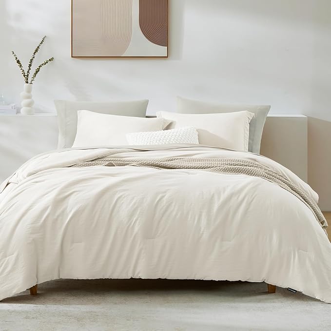 WRENSONGE Queen Comforter Set - 7 Pieces White Soft Bed in a Bag Queen with Fitted Sheet, Flat Sheet, 2 Pillow Shams, and 2 Pillowcases- Warm Bedding Sets for All Season