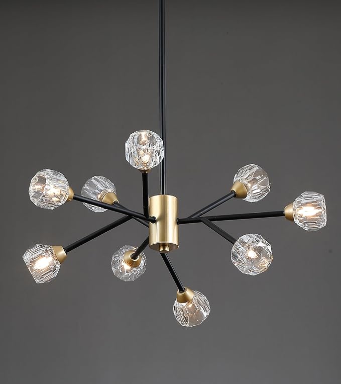 AMZASA Glass Crystal Chandelier for Dining Room, Modern Black and Gold Glass Pendant Lighting, 9 Lights Mid Century Ceiling Light Fixtures for Kitchen Island Living Room Bedroom Bar