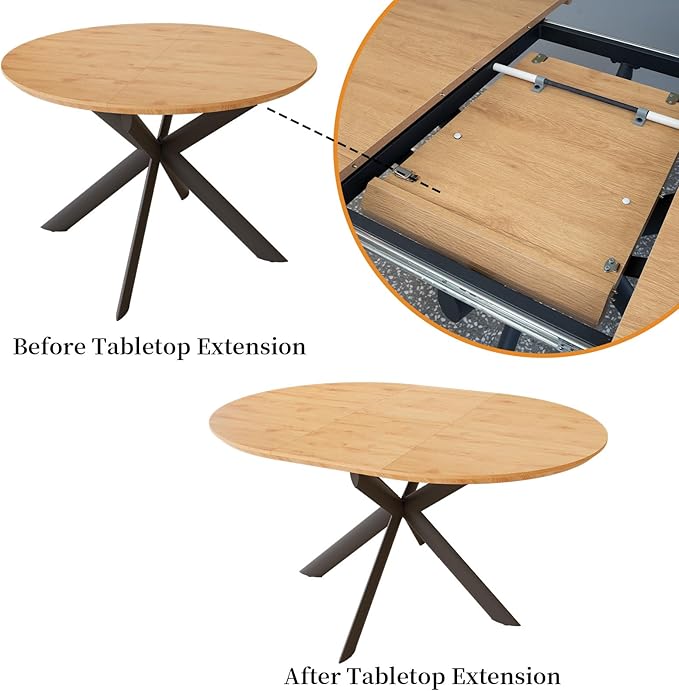 43.2"-59.1" Extendable Round Dining Table Set, Mid Century Modern Wooden Round Table, Leisure Oak Coffee Table,w/ 4 PU Leather Chairs