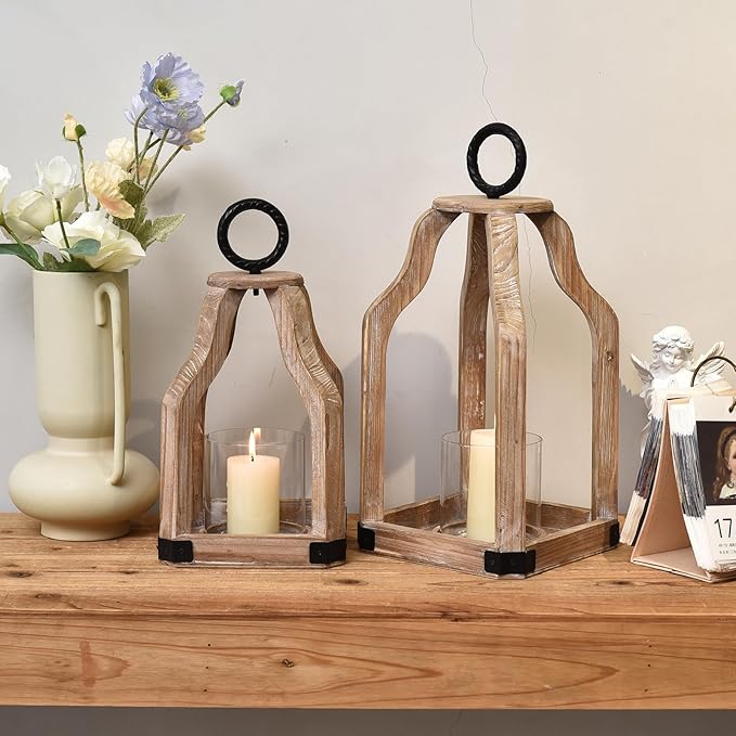SWALLOWLIVING Rustic Farmhouse Wood Candle Hurricane Lantern with Glass Candlestick Holder for Patio, Table Centerpiece, White Wash, Set of 2