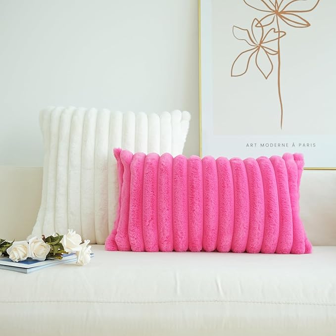 JOJUSIS Pack of 2 Faux Fur Plush Decorative Throw Pillow Covers Couch Cushion Case Soft Pillowcases (Hot Pink, 12 x 20-Inch)